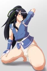 1boy androgynous arm_up black_hair blue_eyes blush bulge drifters femboy fundoshi hair_over_one_eye highres japanese_clothes long_hair male_focus nasu_no_yoichi saburoku9 solo