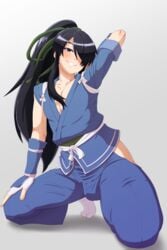 1boy androgynous arm_up black_hair blue_eyes blush bulge drifters femboy grin hair_over_one_eye highres long_hair male_focus nasu_no_yoichi saburoku9 smile solo