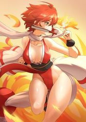 1girls alternate_costume bare_legs big_breasts breasts cosplay deekei fan fatal_fury female fire fire_emblem fire_emblem_fates hinoka_(fire_emblem) mai_shiranui_(cosplay) nintendo orange_eyes red_hair short_hair solo solo_female thick_thighs thighs wide_hips