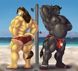 2020 anthro ass ass_cleavage back_muscles beach belly big_muscles bovid bovine bulge butt_crack cattle clothing day drunklion duo ear_piercing ear_ring facial_piercing felid flaccid footwear genital_outline genitals hair hi_res horn huge_muscles hunnipanda lifeguard lion long_hair male male_only mammal musclegut muscular muscular_anthro muscular_male nipples nose_piercing nose_ring outside overweight overweight_male pantherine pecs penis penis_outline piercing quads sandals seaside shower showering speedo standing swimwear triceps water wet wet_body