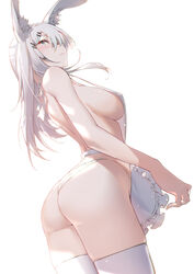 1girls animal_ear_fluff animal_ears apron arknights ass big_ass blush breasts bunny_ears bunny_girl frostnova_(arknights) grey_eyes grey_hair large_breasts light-skinned_female long_hair looking_at_viewer naked_apron sideboob simple_background solo thighhighs thong white_apron white_background xion32