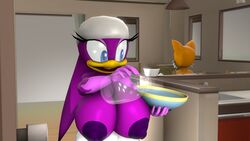 3d 3d_(artwork) anthro ass avian beak bird cup duo eyelashes female fingers fox gloves hair ironhawk male orange_body purple_body purple_hair reading sonic_(series) swallow tail_feathers tails topless wave_the_swallow white_body