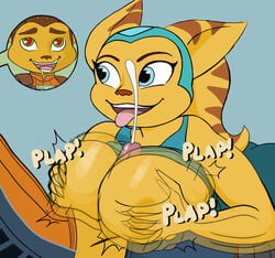 1boy 1girls alien alternate_breast_size angela_cross_(ratchet_and_clank) anthro anthro_on_anthro ass big_ass big_breasts big_butt big_penis blue_eyes breasts brown_stripes clothed clothing cum cum_between_breasts cumshot curvaceous curvy curvy_female curvy_figure drooling edit ejaculation ejaculation_between_breasts eyes_rolling_back feline female fur furry green_eyes headwear heart heart_eyes huge_breasts kingdong98 large_breasts larger_female lombax looking_at_partner looking_pleasured male male/female mammal motion_lines omegasunburst onomatopoeia open_mouth orgasm orgasm_face paizuri penis penis_between_breasts plap pleasure_face projectile_cum ratchet_(ratchet_and_clank) ratchet_and_clank size_difference smaller_male smile smiling straight straps stripes teeth text tongue tongue_out top_lift voluptuous yellow_body yellow_fur