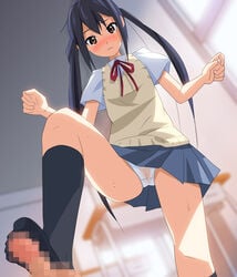 azusa_nakano_(k-on!) black_hair blush censored crying footjob k-on! long_hair mosaic_censoring nankotu_karaage panties pants pantyshot penis school_uniform sockjob socks stepping_on_penis tears twintails underwear wet wet_clothes wet_panties