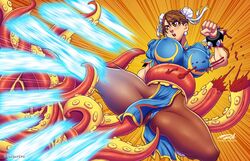 1girls big_breasts brown_eyes brown_hair capcom chinese_clothes chun-li clothing darkereve earrings female female_only hair_bun hi_res kicking nipple_bulge octopus octopus_tentacle pantyhose solo solo_female spiked_bracelet street_fighter tentacle tentacle tentacle_grab thick_thighs