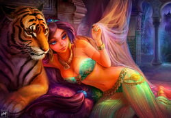 aladdin belly_dancer belly_dancer_outfit black_hair blue_eyes bracelet cleavage disney disney_princess eastern female hairband large_breasts nail_polish necklace no_sex oriental persian_(iranian) persian_clothing persian_female pet princess_jasmine rajah sfw shawlis-fantasy tiger very_long_hair