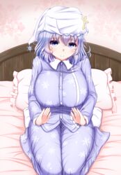 1girls bed blue_eyes breasts huge_breasts large_breasts letty_whiterock looking_at_viewer pajamas purple_hair shiro_oolong-cha short_hair smile solo touhou