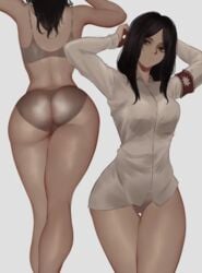 1girls ass attack_on_titan black_eyes black_hair bra butt dat_ass female female_only panties pieck_finger see-through shingeki_no_kyojin solo wet white zaki_btw