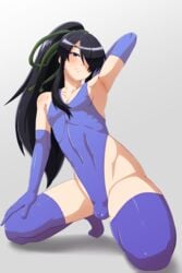 1boy androgynous arm_up black_hair blue_eyes blush bulge crossdressing drifters elbow_gloves femboy gloves hair_over_one_eye highres long_hair male_focus nasu_no_yoichi saburoku9 solo thighhighs trap