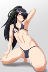 1boy androgynous arm_up bikini black_hair blue_eyes blush bulge crossdressing drifters femboy hair_over_one_eye highres long_hair male_focus nasu_no_yoichi saburoku9 solo swimsuit trap