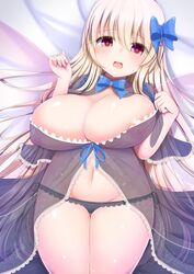 1girls areola areolae black_panties blonde_hair bow breasts cleavage erect_nipples erection_under_clothes fairy fairy_wings hairbow huge_breasts large_breasts lily_white long_hair looking_at_viewer lying navel_piercing negligee nightgown nipples on_back panties red_eyes see-through shiro_oolong-cha solo star-shaped_pupils stomach symbol-shaped_pupils thick_thighs thighs touhou wide_hips wings