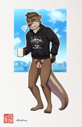 1boy 4_toes anthro balls barefoot beverage black_clothing black_hoodie black_topwear bottomless bottomless_male brown_body brown_fur chase_(chasedatotter) circumcised circumcision_scar claws clothing coffee coffee_mug feet flaccid fur genital_scar genitals hair hi_res hoodie humanoid_genitalia humanoid_penis itching lutrine male male_only mammal mustelid partially_clothed penis plantigrade pubes scar scratching_butt simple_background solo standing sweaciabic tired toes topwear