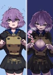 1girls alternate_breast_size bernadetta_von_varley big_breasts bra breasts cleavage d: female female_only fire_emblem fire_emblem:_three_houses flashing garreg_mach_monastery_uniform grey_eyes heavy_breathing kimixer large_breasts messy_hair nintendo open_clothes open_mouth open_shirt purple_hair short_hair slq smile solo sound_effects steam undressing