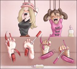 2girls arms_behind_head crying_laughing female foot_fetish foot_focus human multiple_girls nintendo pokemon pokemon_xy serena_(pokemon) shauna_(pokemon) stocks tickling tickling_feet wtfeather