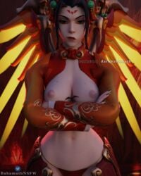 1girls 3d 3d_(artwork) 4:5 bare_midriff blender darkbahamuth exposed_breasts exposed_nipples female female_only long_sleeves looking_at_viewer mercy navel overwatch patreon_username solo twitter_logo twitter_username wings zhuque_mercy