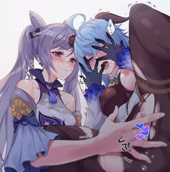 2girls black_gloves blue_hair breasts censored covering_face double_bun embarrassed fingering ganqing ganyu_(genshin_impact) genshin_impact gloves goat_horns heart heart_censor horns keqing_(genshin_impact) long_hair multiple_girls negom nipples open_mouth pantyhose purple_hair saliva simple_background sweat twintails white_background yuri