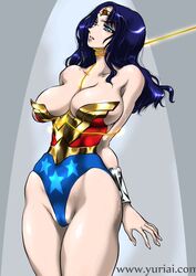 arms_behind_back black_hair blue_eyes captured dc dc_comics diana_prince femsub huge_breasts lasso_of_truth long_hair submissive_female sweat tiara tied_up wonder_woman wonder_woman_(series) yuri-ai