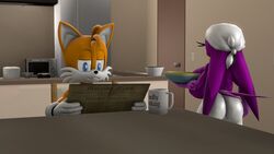 3d 3d_(artwork) anthro ass avian beak bird duo eyelashes female fingers fox gloves hair ironhawk male orange_body purple_body purple_hair reading sonic_(series) swallow tail_feathers tails topless wave_the_swallow white_body