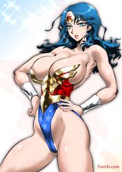 black_hair blue_eyes bracelets cleavage dc dc_comics diana_prince fit_female huge_breasts tiara voluptuous wonder_woman wonder_woman_(series) yuri-ai