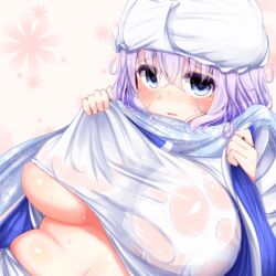 1girls blue_eyes blush breasts curvy huge_breasts large_breasts letty_whiterock plump purple_hair see-through shiro_oolong-cha shirt short_hair solo touhou underboob wet wet_clothes wet_shirt white_shirt