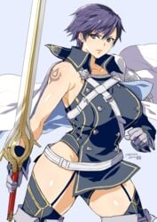 1girls bare_arms bare_thighs big_breasts blue_eyes blue_hair chrom_(fire_emblem) falchion_(fire_emblem) fire_emblem fire_emblem_awakening garter_straps genderswap_(mtf) large_breasts nintendo rule_63 short_hair simple_background solo solo_female sword thick_thighs thighhighs voluptuous weapon wide_hips yajiro_masaru