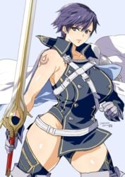 1girls bare_arms bare_thighs big_breasts blue_eyes blue_hair chrom_(fire_emblem) falchion_(fire_emblem) fire_emblem fire_emblem_awakening genderswap_(mtf) large_breasts nintendo rule_63 short_hair simple_background solo solo_female sword thick_thighs thighhighs voluptuous weapon wide_hips yajiro_masaru