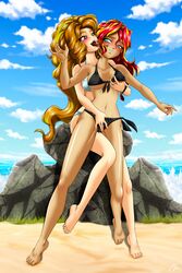 2girls adagio_dazzle aqua_eyes barefoot beach bikini blonde_hair blush breast_grab breasts equestria_girls female forced friendship_is_magic groping groping_breast groping_from_behind hasbro imminent_rape licking_ear mauroz multicolored_hair my_little_pony nipple_bulge nipples_visible_through_clothing orange_hair pokies purple_eyes red_hair rock sharp_teeth sundagio sunset_shimmer yuri