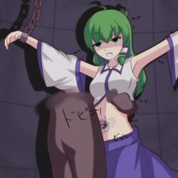 angry clenched_teeth clothed_rape cum_in_navel defeated green_eyes green_hair helpless humiliation navel_fetish navel_fuck navel_insertion navel_penetration rape restrained sanae_kochiya stomach tears_of_pain touhou