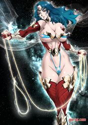 black_hair blue_eyes dc dc_comics diana_prince gauntlets large_breasts lasso_of_truth revealing_clothes thong tiara unconvincing_armor wonder_woman wonder_woman_(series) yuri-ai