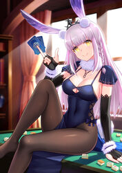 1girls animal_ears arm_at_side bangs between_fingers black_gloves blue_dress blunt_bangs blush breasts brown_legwear bunny_ears bunny_girl bunny_tail card cleavage closed_mouth covered_navel curtains dress elbow_gloves eyebrows_visible_through_hair female fingerless_gloves fur_collar gloves highres holding holding_card indoors kaavi_(mahjong_soul) knee_up kuri_(kurigohan) light-skinned_female light_skin long_hair looking_at_viewer mahjong mahjong_soul mahjong_table mahjong_tile medium_breasts on_table pantyhose pelvic_curtain pink_hair sitting sleeveless sleeveless_dress smile solo solo_female straight_hair table tail tottemo_e_mahjong_plus very_long_hair window yellow_eyes