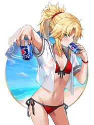 1girls afterimage bangs beach bikini blue_sky blush braid breasts can collarbone day drinking fate/apocrypha fate/grand_order fate_(series) female female_focus female_only french_braid green_eyes hair_ornament hair_scrunchie highres long_hair looking_at_viewer midriff mordred_(fate) mordred_(swimsuit_rider) navel open_clothes open_shirt pale-skinned_female pale_skin parted_bangs pepsi ponytail red_bikini red_scrunchie scrunchie shirt shore short_sleeves sidelocks sky slim small_breasts soda_can solo stomach string_bikini swimsuit thighs toned toned_female tonee white_shirt