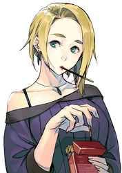 aqua_eyes bare_shoulders blonde_hair collarbone earrings eyeshadow female fingernails food food_in_mouth grey_background highres holding jewelry kyo_(kuroichigo) makeup medium_hair necklace original pink_eyeshadow pink_lips pocky simple_background solo upper_body