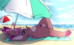 anthro beach beach_towel beach_umbrella bell bell_collar blush breasts brown_body brown_fur collar eyes_covered female finger_fuck fingering fingering_self fur hair hi_res lagomorph leporid lying mammal masturbation on_back pink_hair rabbit seaside solo thiccazthieves vaginal_penetration