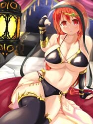 another_kung_fu_girl big_breasts bikini black_lingerie cleavage cute dai_fuku detailed_background headdress lantern looking_at_viewer lounging m.u.g.e.n navel red_eyes red_hair