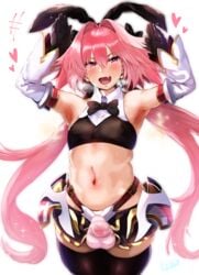 1boy 2019 absurdres armpits arms_up artist_name artist_signature astolfo_(fate) astolfo_(saber)_(fate) bangs bare_shoulders belt black_bow black_gloves black_legwear black_neckwear black_ribbon black_shirt black_skirt blush bow bowtie crop_top erection erection_in_panties erection_under_clothes fate/grand_order fate_(series) faulds femboy gloves hair_between_eyes hair_intakes hair_ribbon hairbow heart hero_neisan high_resolution highres long_hair long_sleeves looking_at_viewer low_twintails male_focus midriff multicolored_hair navel oerba_yun_fang open_mouth panties pink_hair pink_panties pleated_skirt purple_eyes ribbon shirt signature simple_background skirt smile solo sparkle streaked_hair striped striped_panties thighhighs trap twintails underwear white_background white_hair wide_sleeves wing_collar