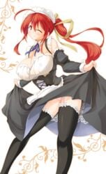 another_kung_fu_girl big_breasts cleavage cute dai_fuku m.u.g.e.n maid maid_headdress maid_outfit maid_uniform panties pink_panties red_eyes red_hair smile stockings wink