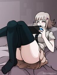 1girls artist_name breasts clothed danganronpa danganronpa_2 danganronpa_2:_goodbye_despair female female_only fully_clothed mosbles nanami_chiaki no_shoes skirt straight_hair thick_thighs thigh_highs thighhighs white_hair