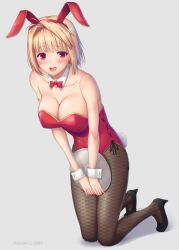 alternate_costume arcueid_brunestud armband big_breasts blonde_hair blush bowtie bunny_ears bunny_girl bunny_tail bunnysuit cleavage detached_collar fake_animal_ears female female_only fishnets full_body hair_intakes high_heels kneeling looking_at_viewer miyai_sen open_mouth pantyhose red_eyes short_hair slit_pupils smile solo tsukihime type-moon waitress wrist_cuffs