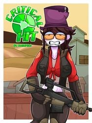 2021 big_breasts brown_hair comic crop_top eyebrows_visible_through_hair female fully_clothed glasses gloves hat holding_object holding_weapon jaiden jaiden_animations signature sniper_(team_fortress_2) solidrich team_fortress_2 tf2 thighs tied_shirt valve white_skin youtube youtuber youtuber_girl