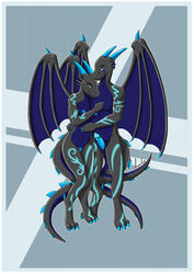 anthro arahia blue_eyes blue_genitals blue_wings breasts claws clothing collar cuddling dragon duo ear_fins female fin genitals hi_res horn hug looking_at_viewer male male/female markings navel penis pinup pose pussy riushi spiked_tail spikes spikes_(anatomy) spread_wings wings