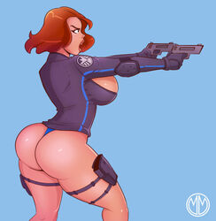 1girls ass athletic athletic_female avengers black_widow_(marvel) blue_eyes bottomless bottomless_female breasts busty catsuit curvy dual_wielding female gun hips large_breasts leather marvel marvel_cinematic_universe mikemorata natasha_romanoff no_pants panties s.h.i.e.l.d. short_hair skin_tight superheroine thick thick_ass thick_legs thick_thighs thigh_holster thighs tight_clothes tight_clothing tight_fit voluptuous weapon wide_hips