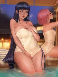 2girls alternate_breast_size big_breasts black_hair breasts cleavage female_only hot_spring huge_breasts hyuuga_hinata kittew large_breasts looking_at_viewer naked_towel naruto onsen partially_submerged pink_hair sakura_haruno short_hair sitting small_breasts towel towel_only very_long_hair voluptuous water