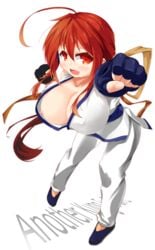 another_kung_fu_girl big_breasts cleavage cute dai_fuku english_text full_body m.u.g.e.n punching red_eyes red_hair smile smiling