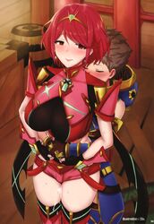 ara_ara big_breasts blush brown_hair clothed cum_on_thighs ejaculation_between_thighs hugging_from_behind large_breasts one-piece_swimsuit page_14 penis_between_legs pyra red_eyes rex_(xenoblade) size_difference smaller_male smile swimsuit thigh_job xenoblade_(series) xenoblade_chronicles_2 yuuki_shin