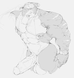 anthro balls bara boner erection furry gay male male_only monochrome muscles muscular nipple_rings original penis phosbara shark solo solo_male splash_(phosbara) veiny_penis