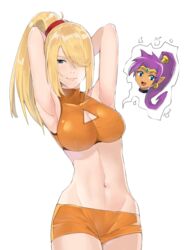 1girls big_breasts blonde_hair breasts casual_outfit_(metroid) crop_top female female_only j@ck metroid midriff nintendo samus_aran shantae shantae_(character) solo_focus sports_bra white_background