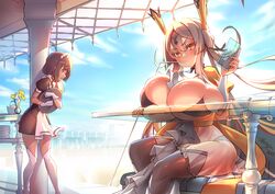 2girls blonde_hair huge_breasts maid milkii_(zerion) poolside princess_(zerion) tagme yellow_eyes zerion