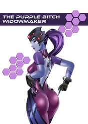 1girls alternate_version_available amelie_lacroix back_tattoo big_ass big_butt dat_ass english_text female female_only fisherman fully_clothed overwatch overwatch_2 pointing_at_self ponytail purple_hair purple_skin sideboob solo tattoo tattoos tight_clothing widowmaker