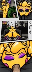 ass black_eyes blowjob blush boots breasts closed_eyes comic fellatio five_nights_at_freddy's fnaf money prostitution sitting spfoster stockings sucking toy_chica_(eroticphobia) toy_chica_(fnaf) vertical_splits video_games yellow_body