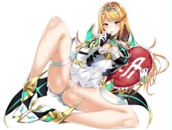 1girls armor bangs blonde_hair blush breasts earrings female gem gloves headpiece highres jewelry large_breasts long_hair mythra nintendo panties pillow pussy simple_background sleeveless solo swept_bangs tiara underwear white_background xenoblade_(series) xenoblade_chronicles_2 yellow_eyes yuuki_shin